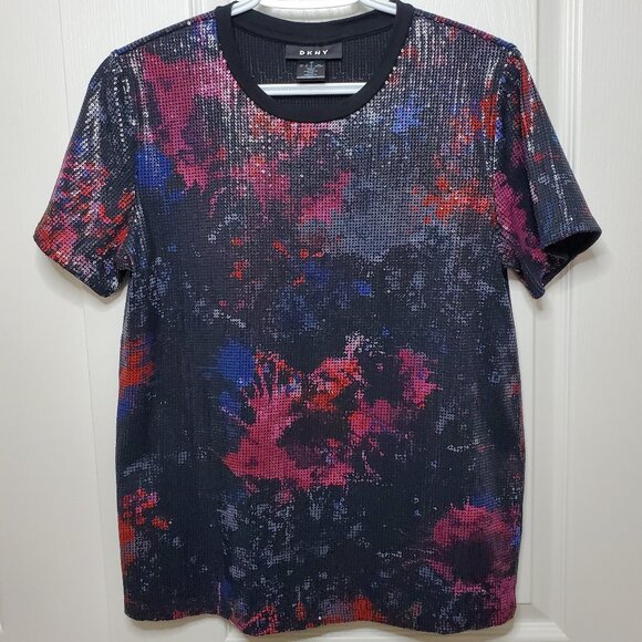 DKNY Abstract Embellished Sequin T-Shirt Top Multicolor Size S - Picture 5 of 6